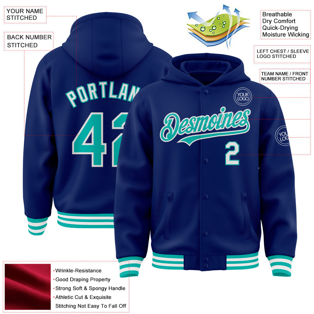 Custom Royal Aqua-White Bomber Full-Snap Varsity Letterman Hoodie Jacket view 3