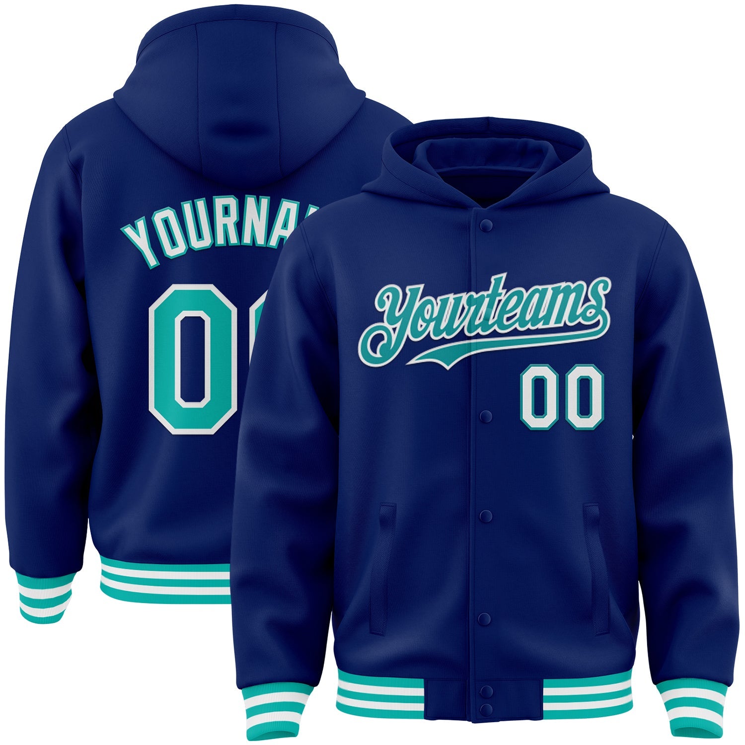 Custom Royal Aqua-White Bomber Full-Snap Varsity Letterman Hoodie Jacket - Main View