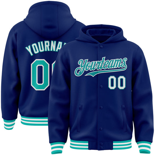 Custom Royal Aqua-White Bomber Full-Snap Varsity Letterman Hoodie Jacket - Main View