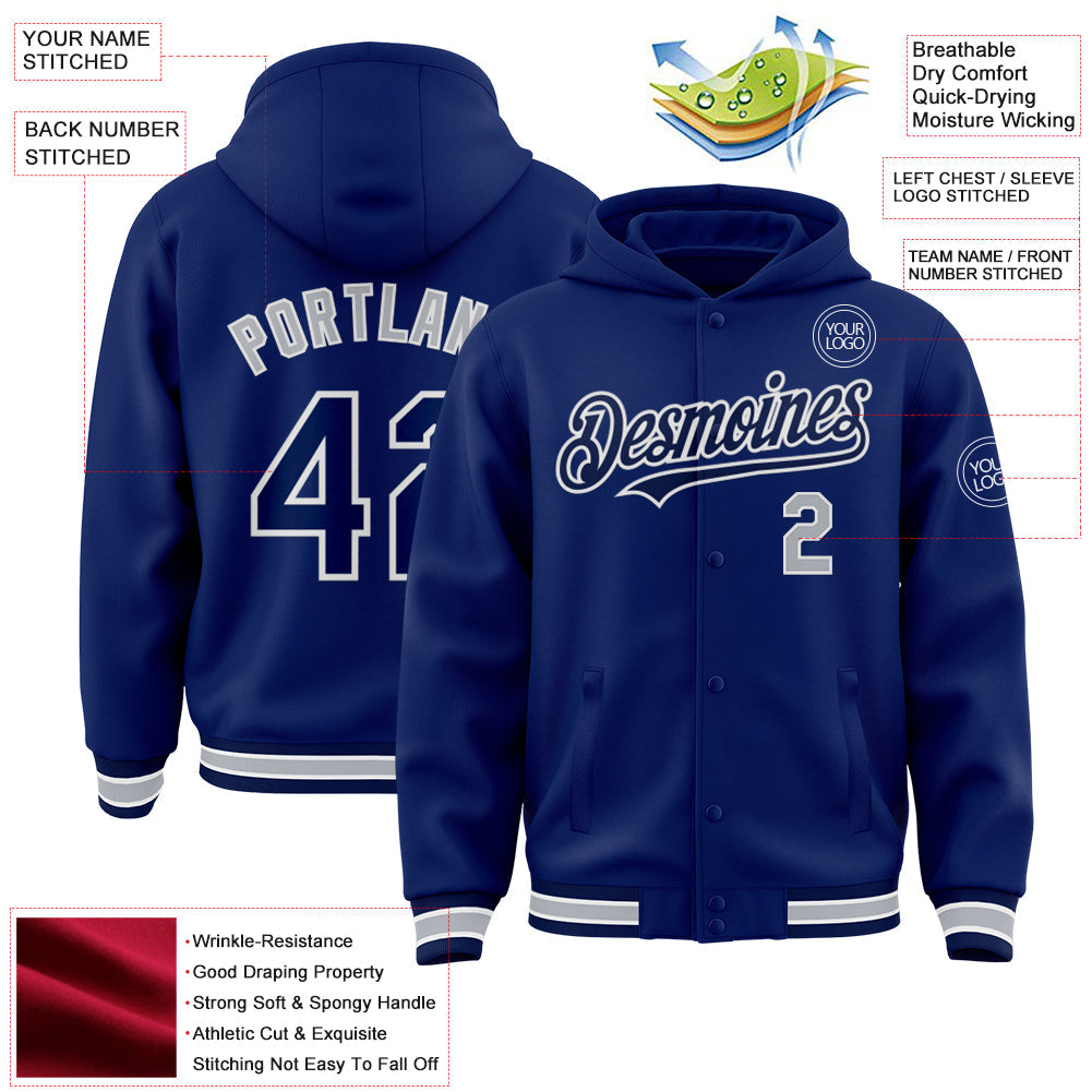 Custom Royal Navy-Gray Bomber Full-Snap Varsity Letterman Hoodie Jacket view 3