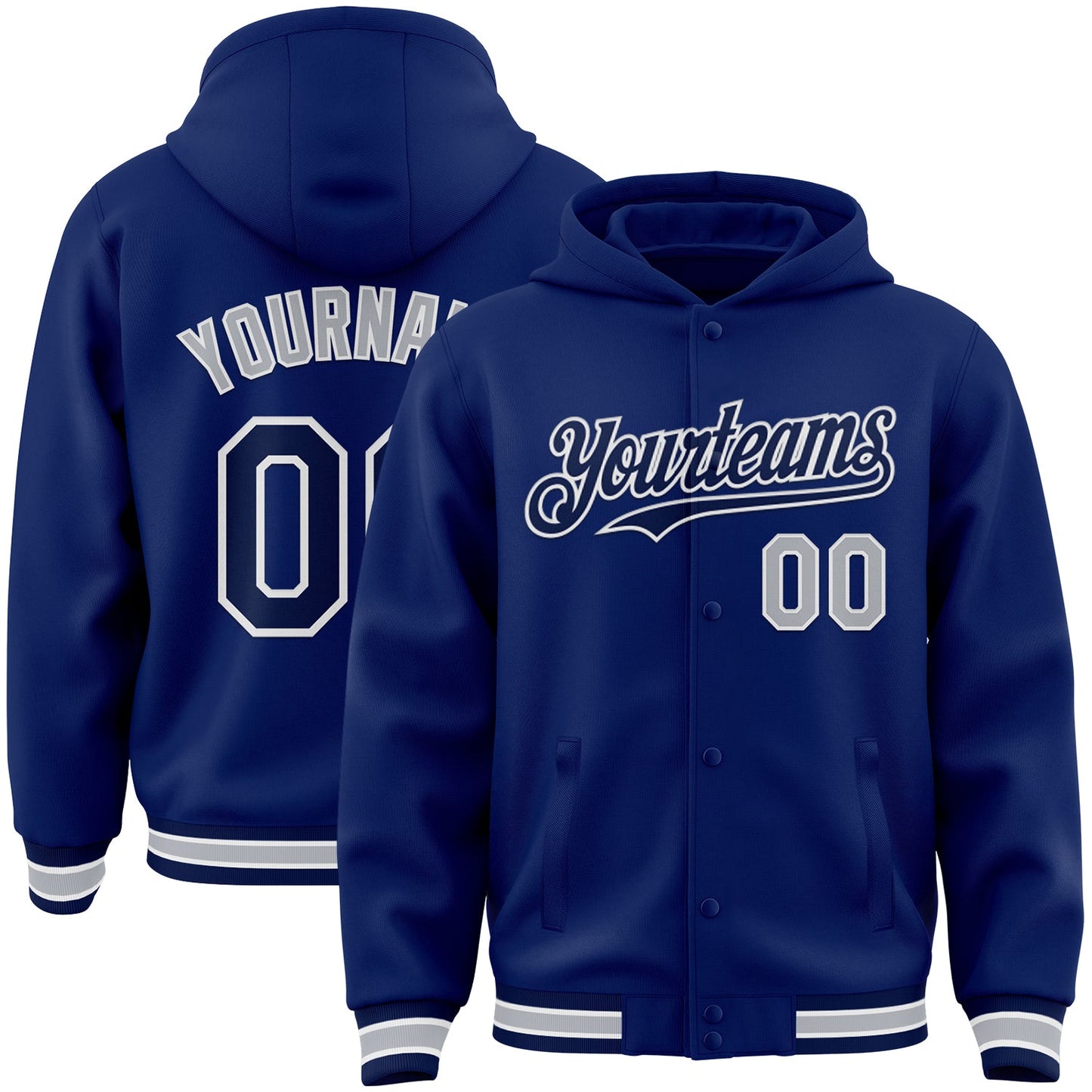 Custom Royal Navy-Gray Bomber Full-Snap Varsity Letterman Hoodie Jacket - Main View