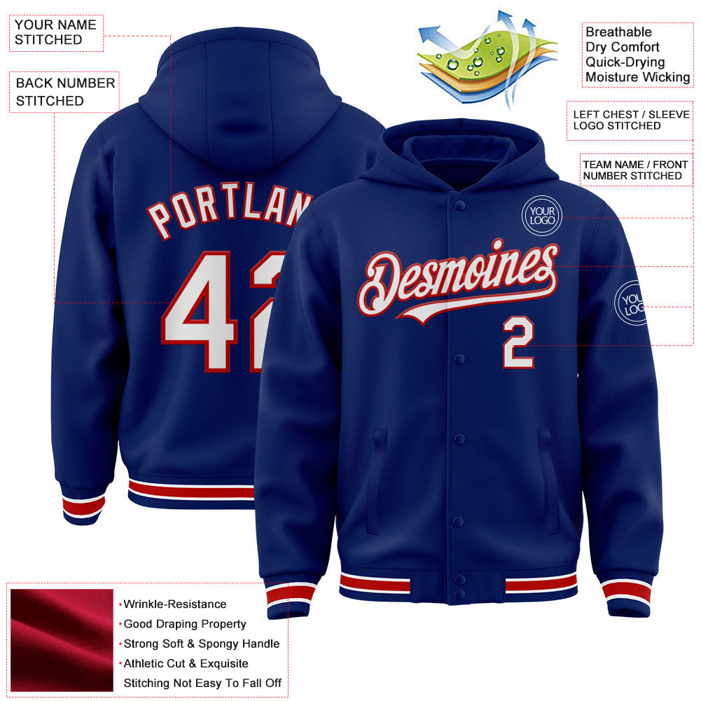 Custom Royal White-Red Bomber Full-Snap Varsity Letterman Hoodie Jacket view 3