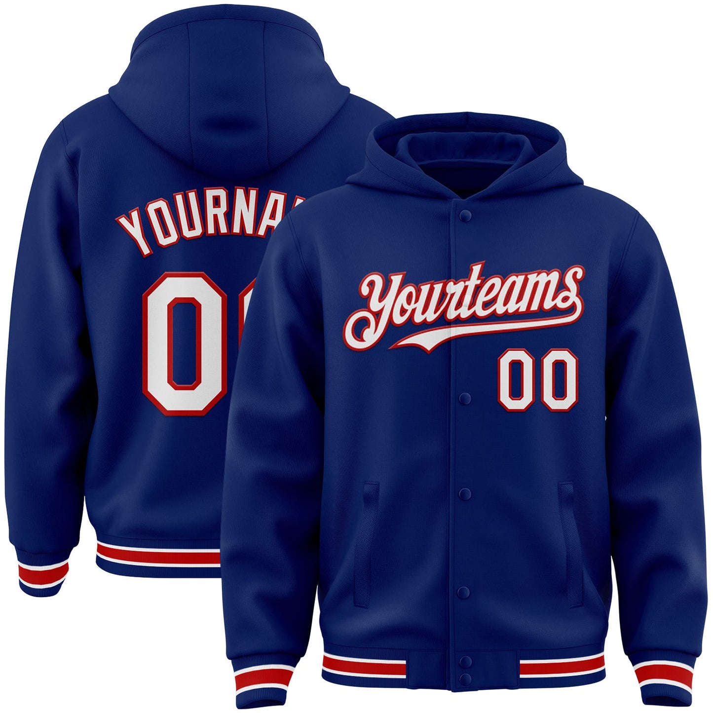 Custom Royal White-Red Bomber Full-Snap Varsity Letterman Hoodie Jacket - Main View