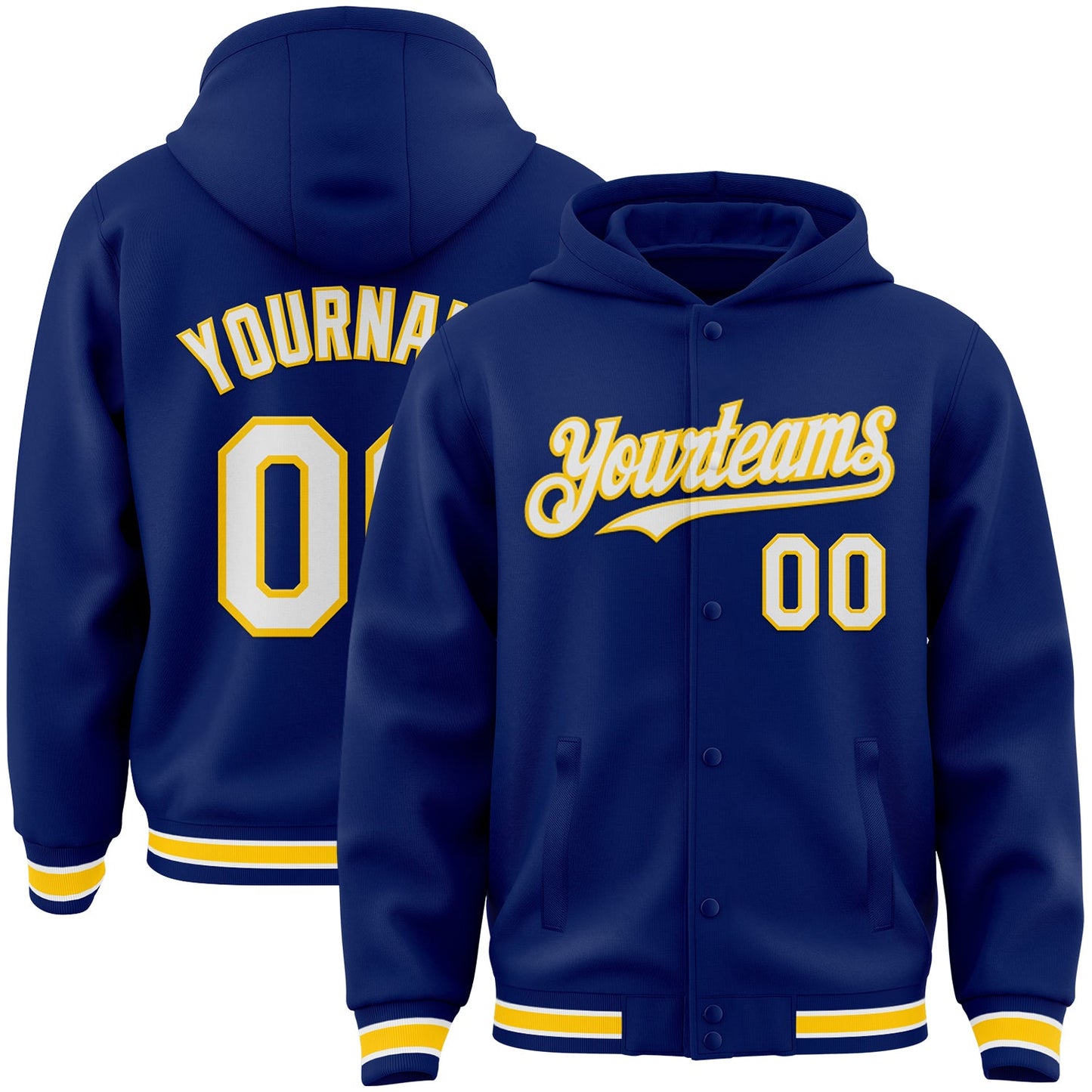 Custom Royal White-Yellow Bomber Full-Snap Varsity Letterman Hoodie Jacket - Main View