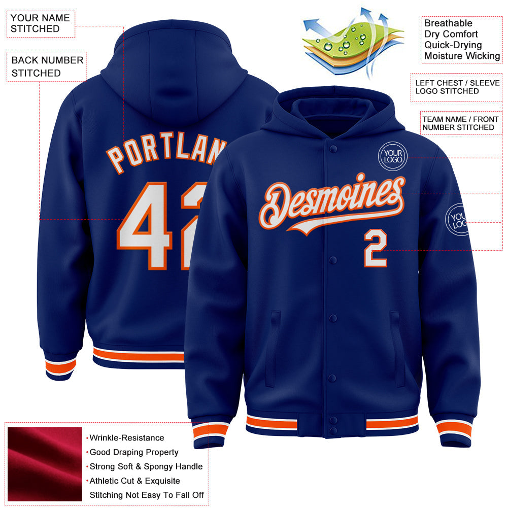 Custom Royal White-Orange Bomber Full-Snap Varsity Letterman Hoodie Jacket view 3
