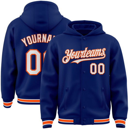 Custom Royal White-Orange Bomber Full-Snap Varsity Letterman Hoodie Jacket - Main View