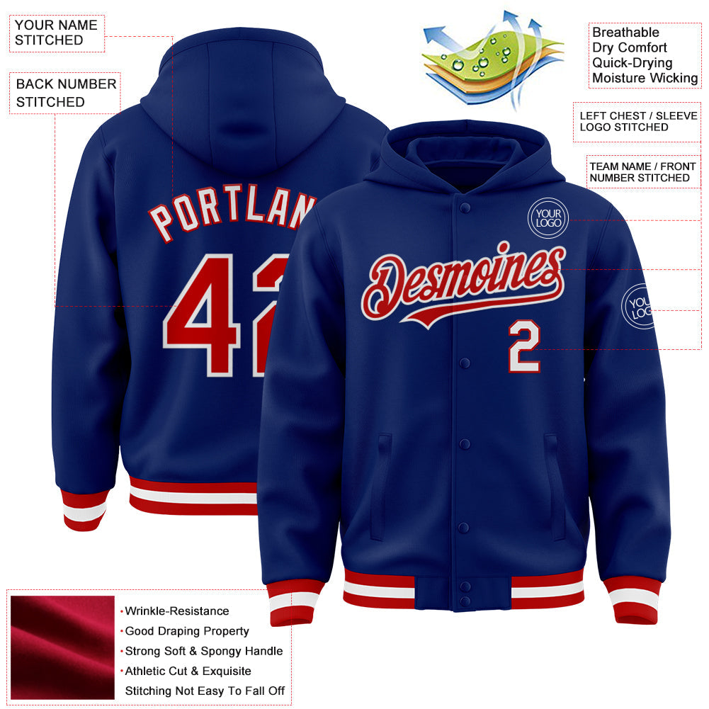 Custom Royal Red-White Bomber Full-Snap Varsity Letterman Hoodie Jacket view 3