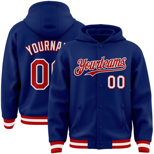 Custom Royal Red-White Bomber Full-Snap Varsity Letterman Hoodie Jacket - Main View