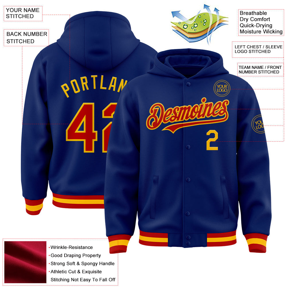 Custom Royal Red-Gold Bomber Full-Snap Varsity Letterman Hoodie Jacket view 3