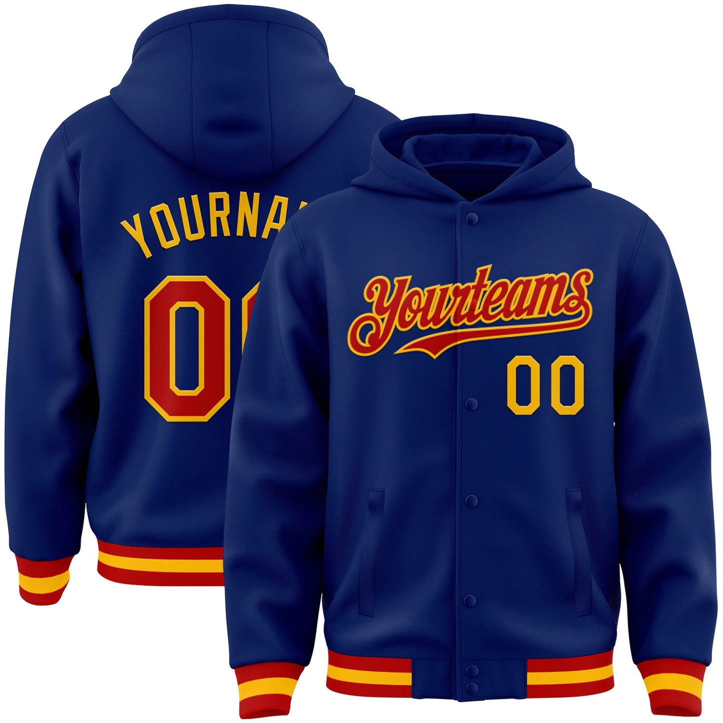 Custom Royal Red-Gold Bomber Full-Snap Varsity Letterman Hoodie Jacket - Main View