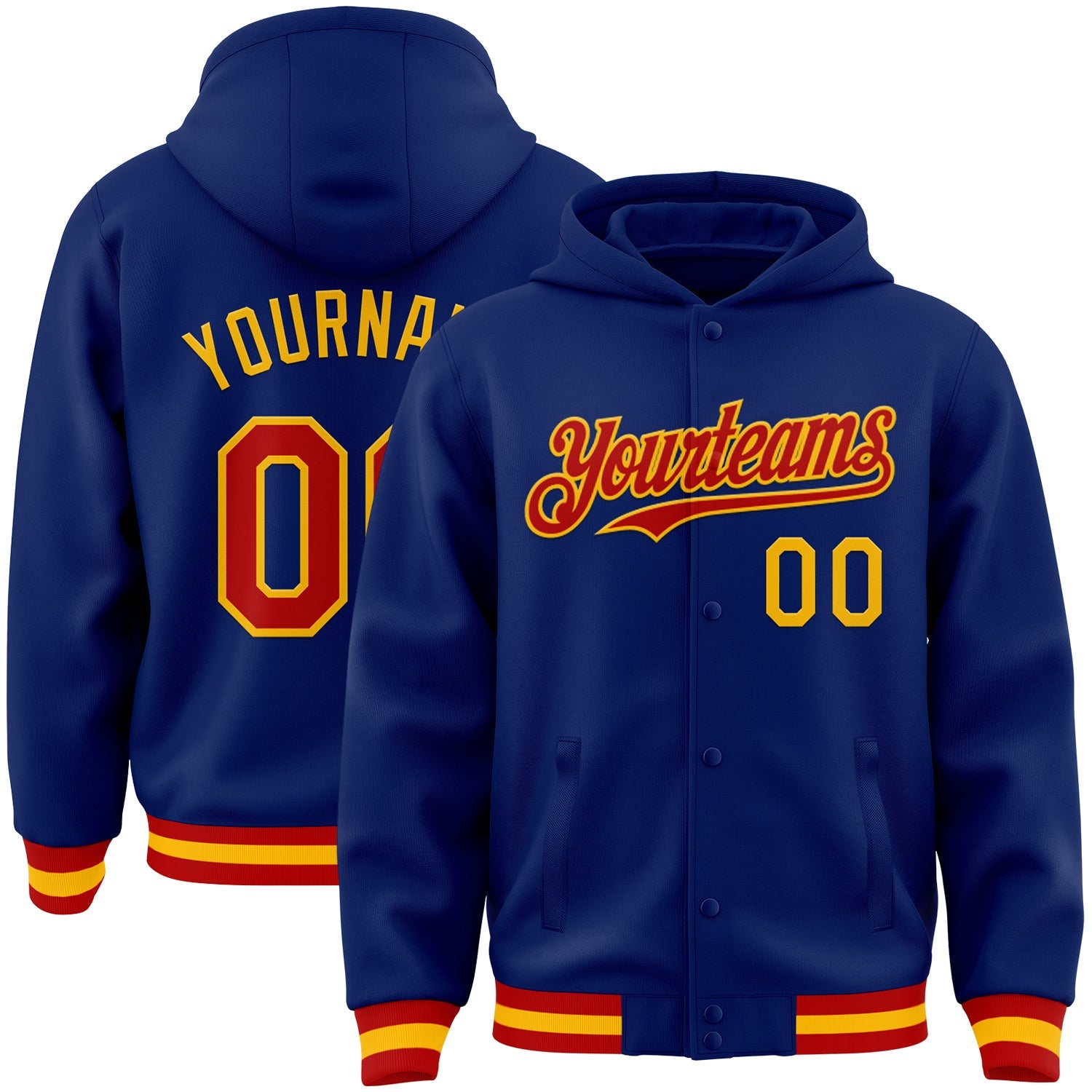 Custom Royal Red-Gold Bomber Full-Snap Varsity Letterman Hoodie Jacket - Main View