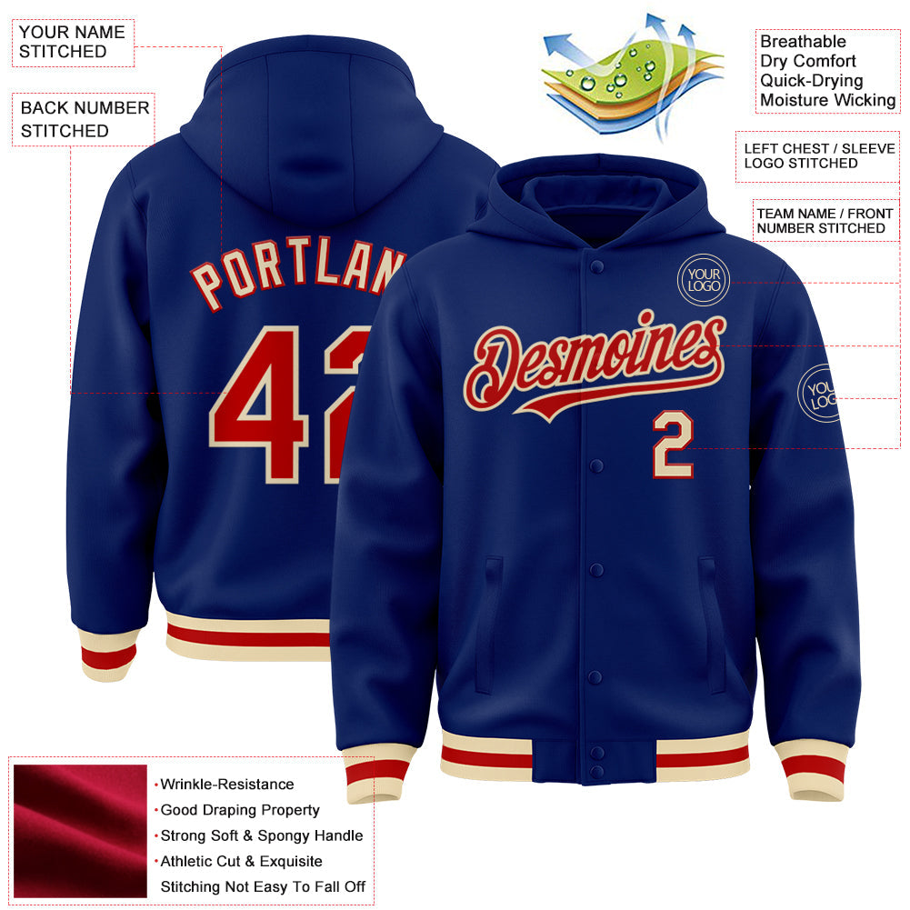 Custom Royal Red-Cream Bomber Full-Snap Varsity Letterman Hoodie Jacket view 3