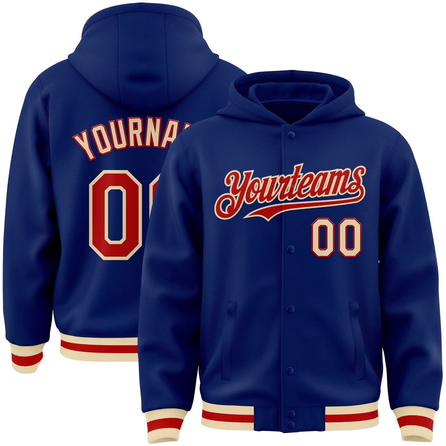 Custom Royal Red-Cream Bomber Full-Snap Varsity Letterman Hoodie Jacket - Main View