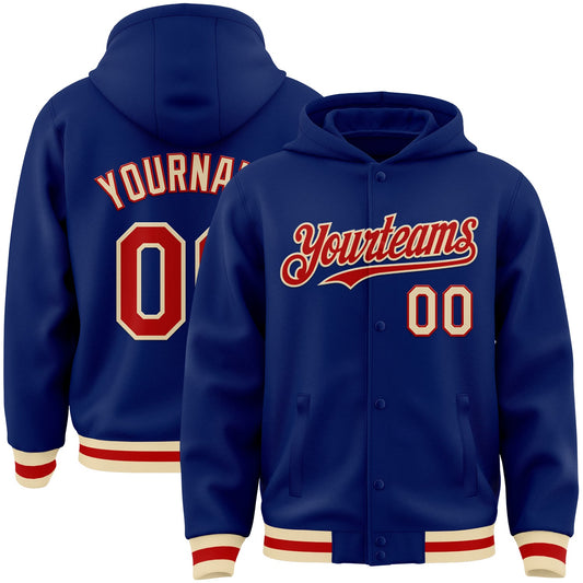Custom Royal Red-Cream Bomber Full-Snap Varsity Letterman Hoodie Jacket - Main View