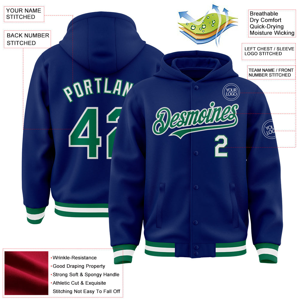 Custom Royal Kelly Green-White Bomber Full-Snap Varsity Letterman Hoodie Jacket view 3