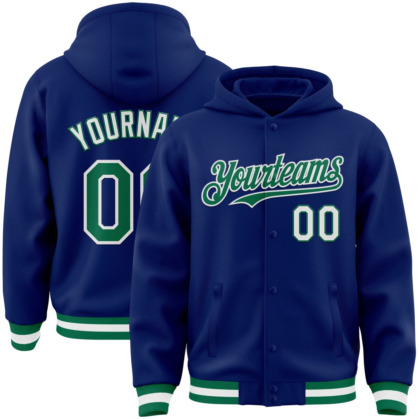 Custom Royal Kelly Green-White Bomber Full-Snap Varsity Letterman Hoodie Jacket - Main View
