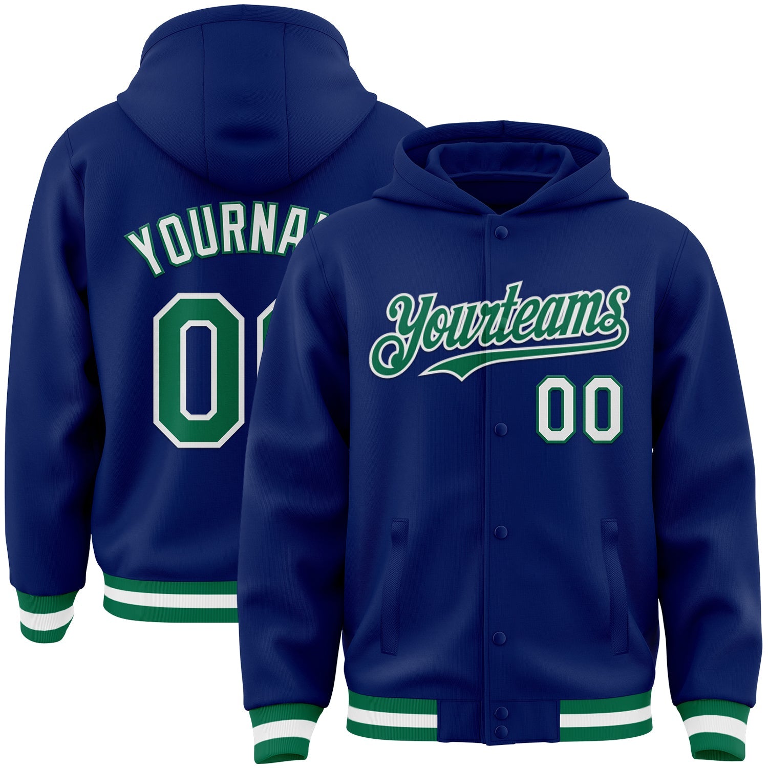 Custom Royal Kelly Green-White Bomber Full-Snap Varsity Letterman Hoodie Jacket - Main View