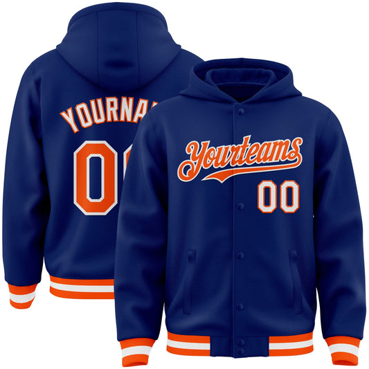 Custom Royal Orange-White Bomber Full-Snap Varsity Letterman Hoodie Jacket - Main View