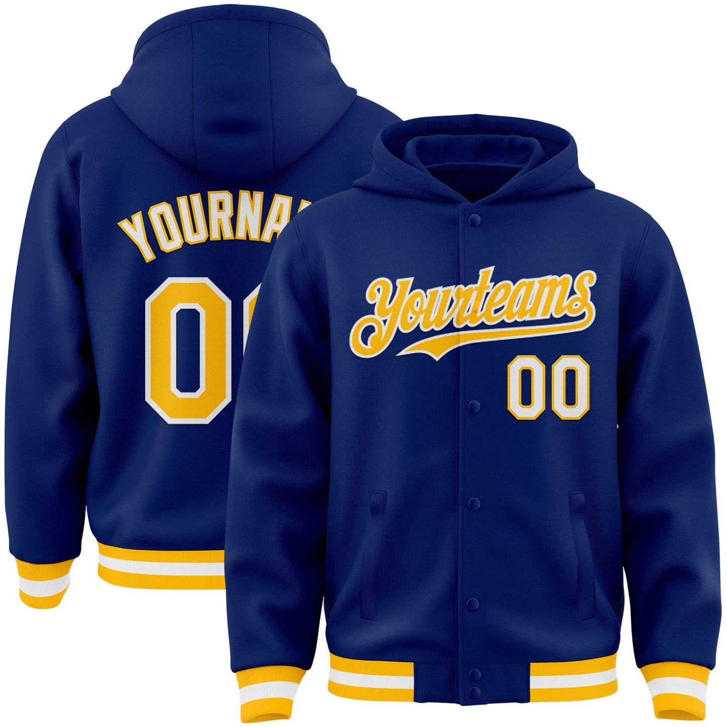 Custom Royal Gold-White Bomber Full-Snap Varsity Letterman Hoodie Jacket - Main View