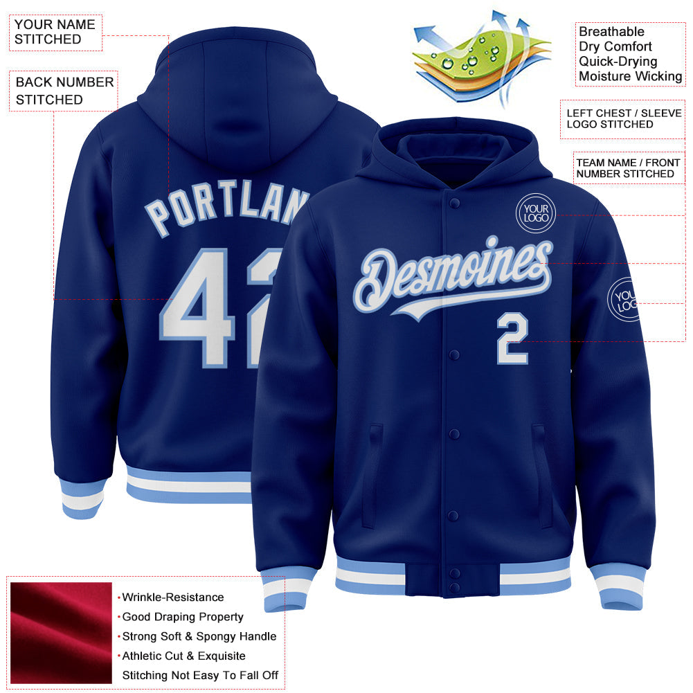 Custom Royal White-Light Blue Bomber Full-Snap Varsity Letterman Hoodie Jacket view 3