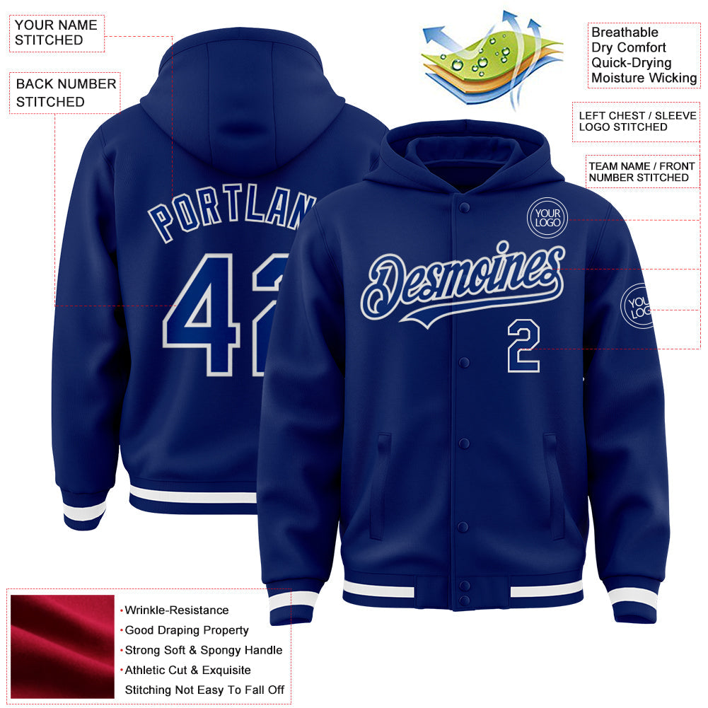 Custom Royal White Bomber Full-Snap Varsity Letterman Hoodie Jacket view 3