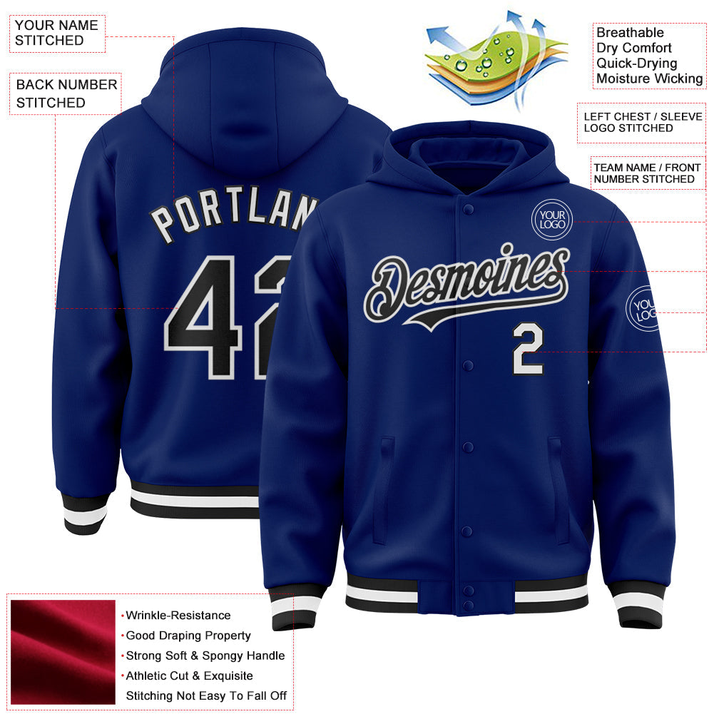 Custom Royal Black-White Bomber Full-Snap Varsity Letterman Hoodie Jacket view 3