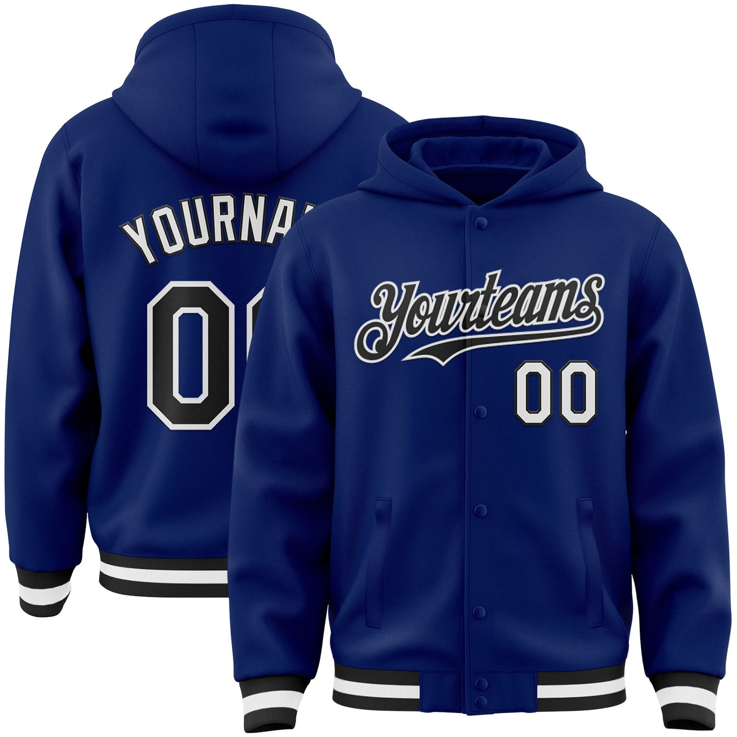 Custom Royal Black-White Bomber Full-Snap Varsity Letterman Hoodie Jacket - Main View
