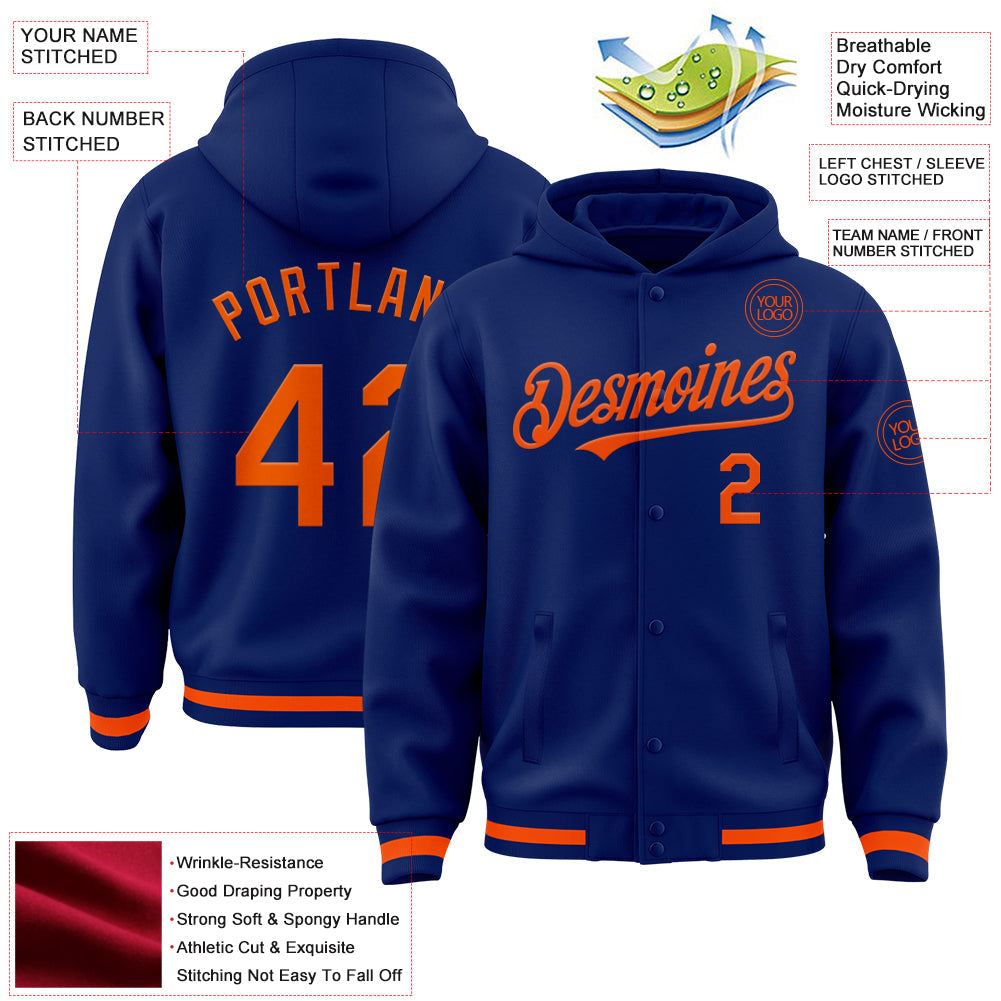 Custom Royal Orange Bomber Full-Snap Varsity Letterman Hoodie Jacket view 3