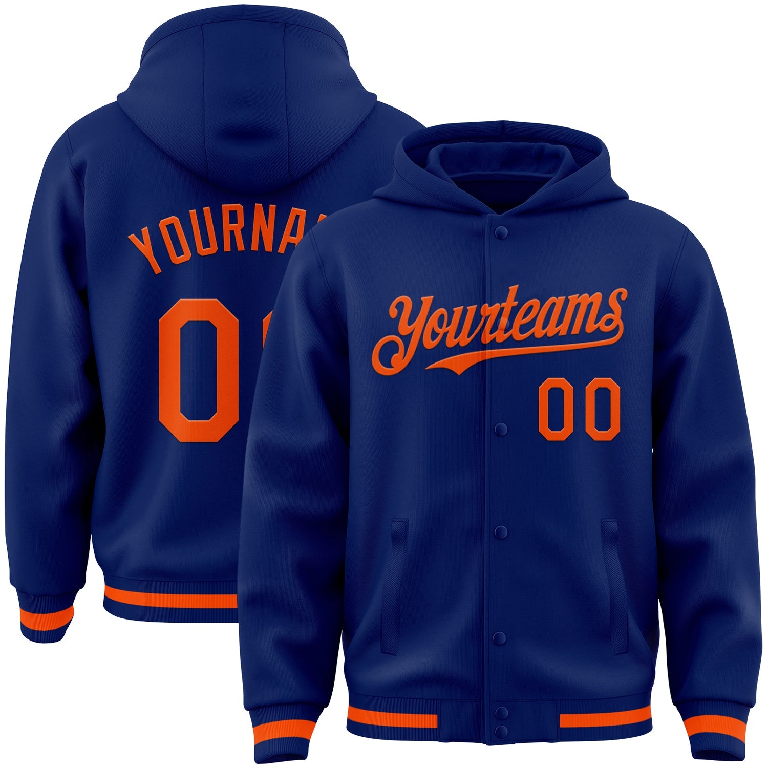 Custom Royal Orange Bomber Full-Snap Varsity Letterman Hoodie Jacket - Main View
