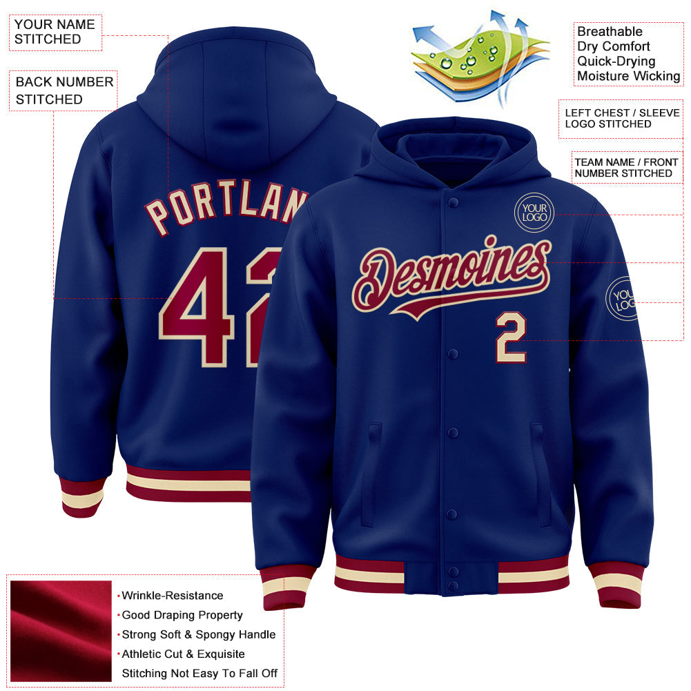 Custom Royal Maroon-Cream Bomber Full-Snap Varsity Letterman Hoodie Jacket view 3