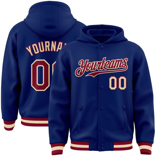 Custom Royal Maroon-Cream Bomber Full-Snap Varsity Letterman Hoodie Jacket - Main View