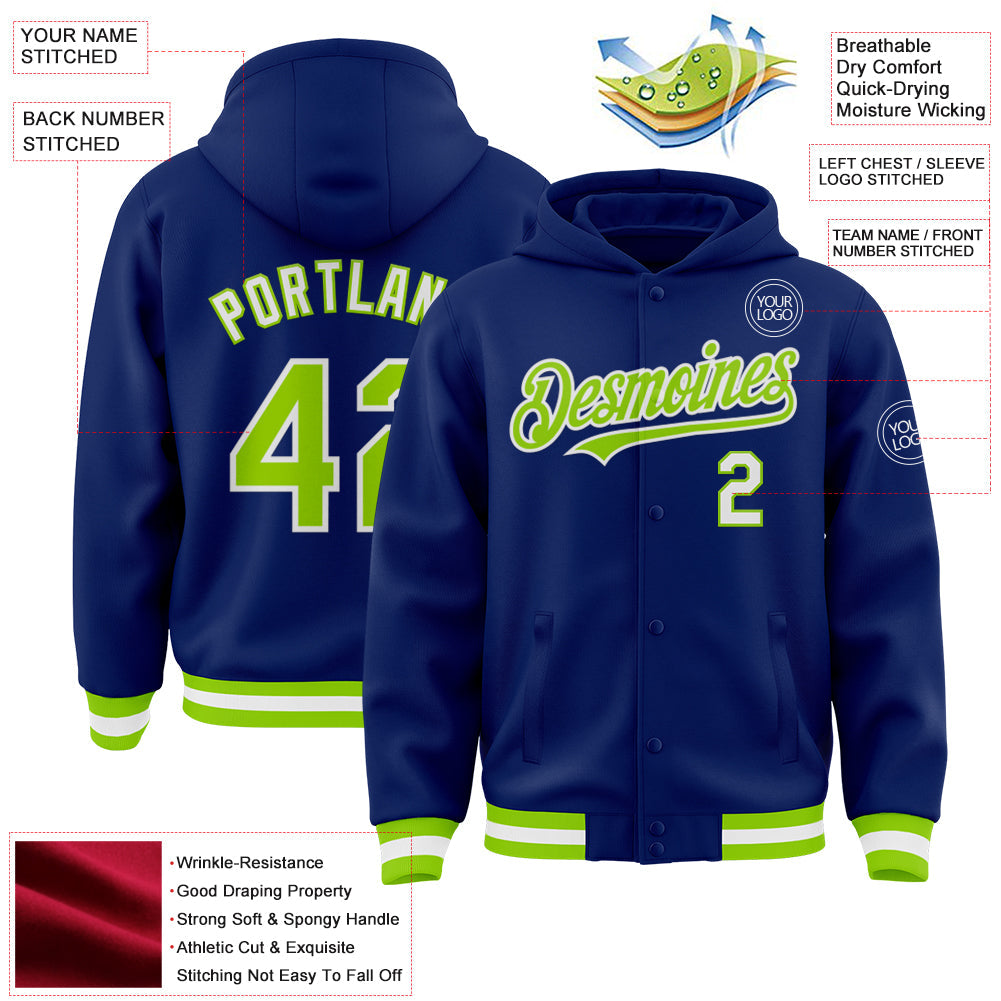 Custom Royal Neon Green-White Bomber Full-Snap Varsity Letterman Hoodie Jacket view 3