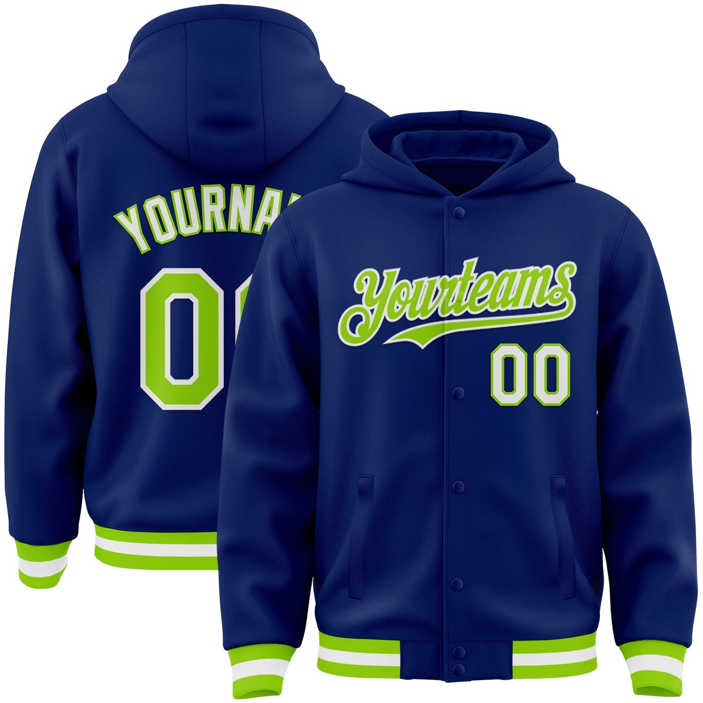 Custom Royal Neon Green-White Bomber Full-Snap Varsity Letterman Hoodie Jacket - Main View