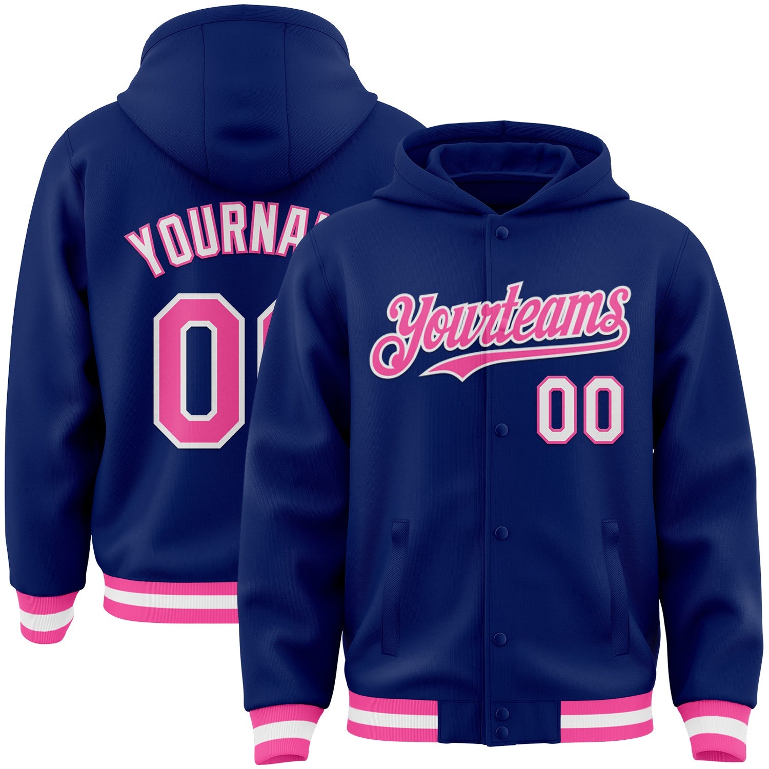 Custom Royal Pink-White Bomber Full-Snap Varsity Letterman Hoodie Jacket - Main View
