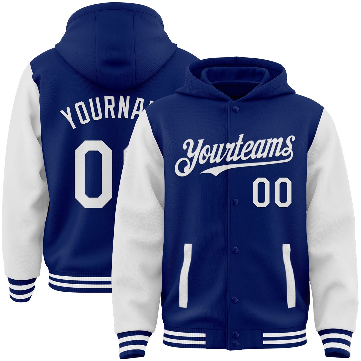Custom Royal White Bomber Full-Snap Varsity Letterman Two Tone Hoodie Jacket - Main View