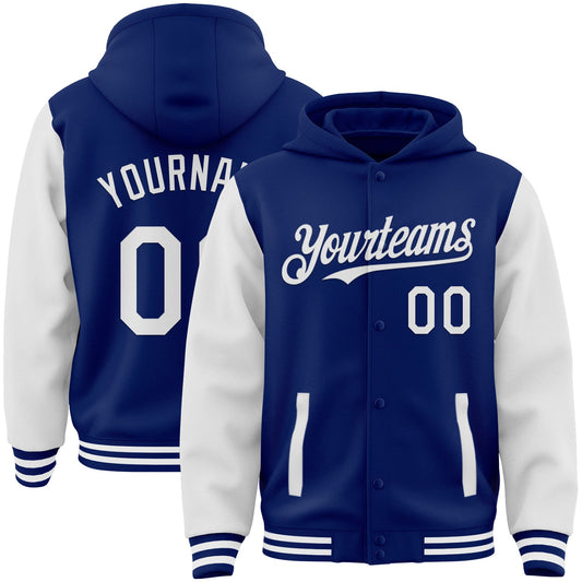 Custom Royal White Bomber Full-Snap Varsity Letterman Two Tone Hoodie Jacket - Main View
