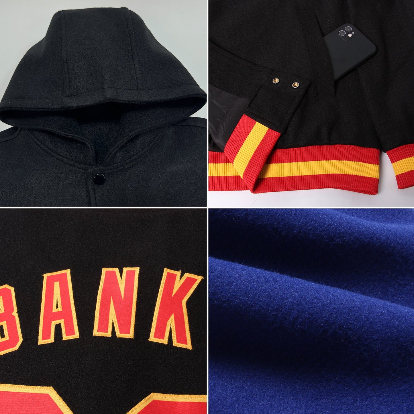 Custom Royal White-Red Bomber Full-Snap Varsity Letterman Two Tone Hoodie Jacket view 2