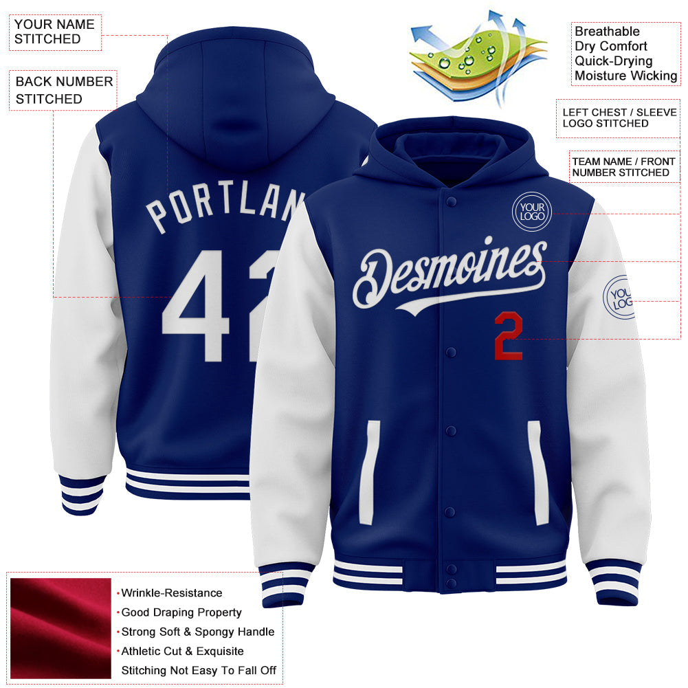 Custom Royal White-Red Bomber Full-Snap Varsity Letterman Two Tone Hoodie Jacket view 3