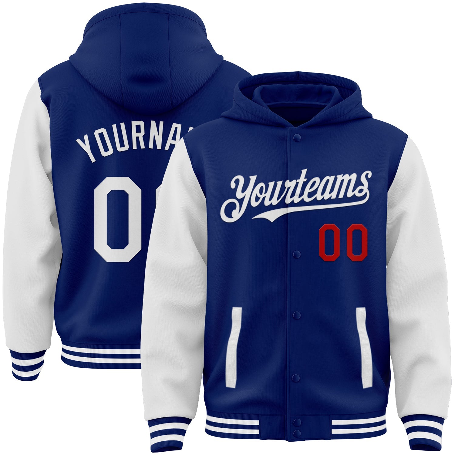 Custom Royal White-Red Bomber Full-Snap Varsity Letterman Two Tone Hoodie Jacket - Main View