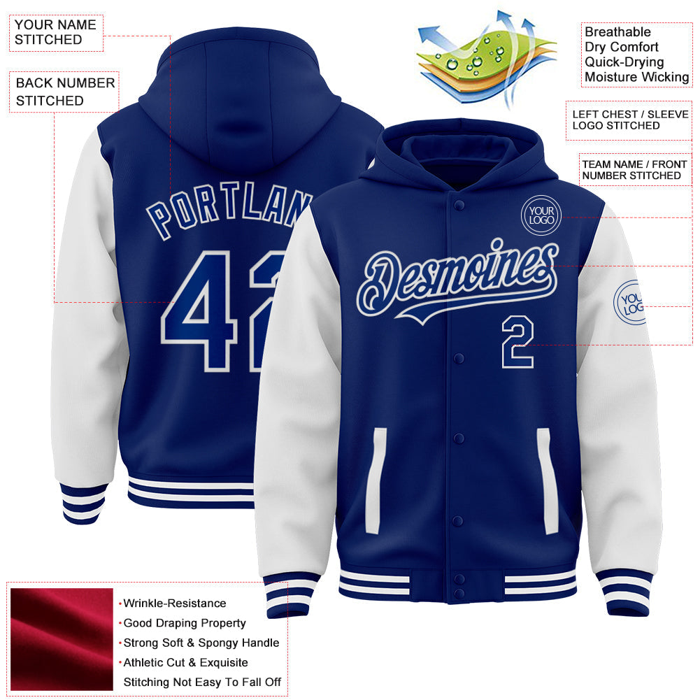 Custom Royal White Bomber Full-Snap Varsity Letterman Two Tone Hoodie Jacket view 3