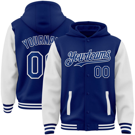 Custom Royal White Bomber Full-Snap Varsity Letterman Two Tone Hoodie Jacket - Main View