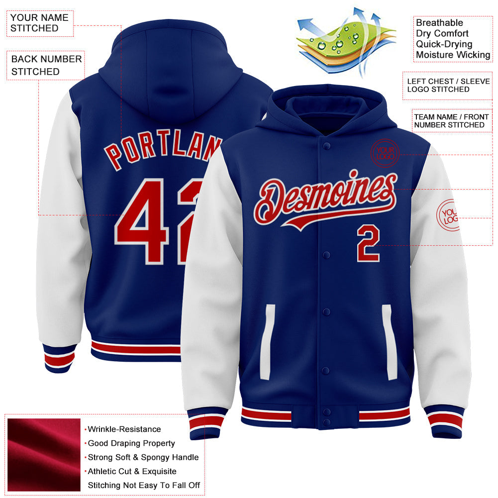 Custom Royal Red-White Bomber Full-Snap Varsity Letterman Two Tone Hoodie Jacket view 3