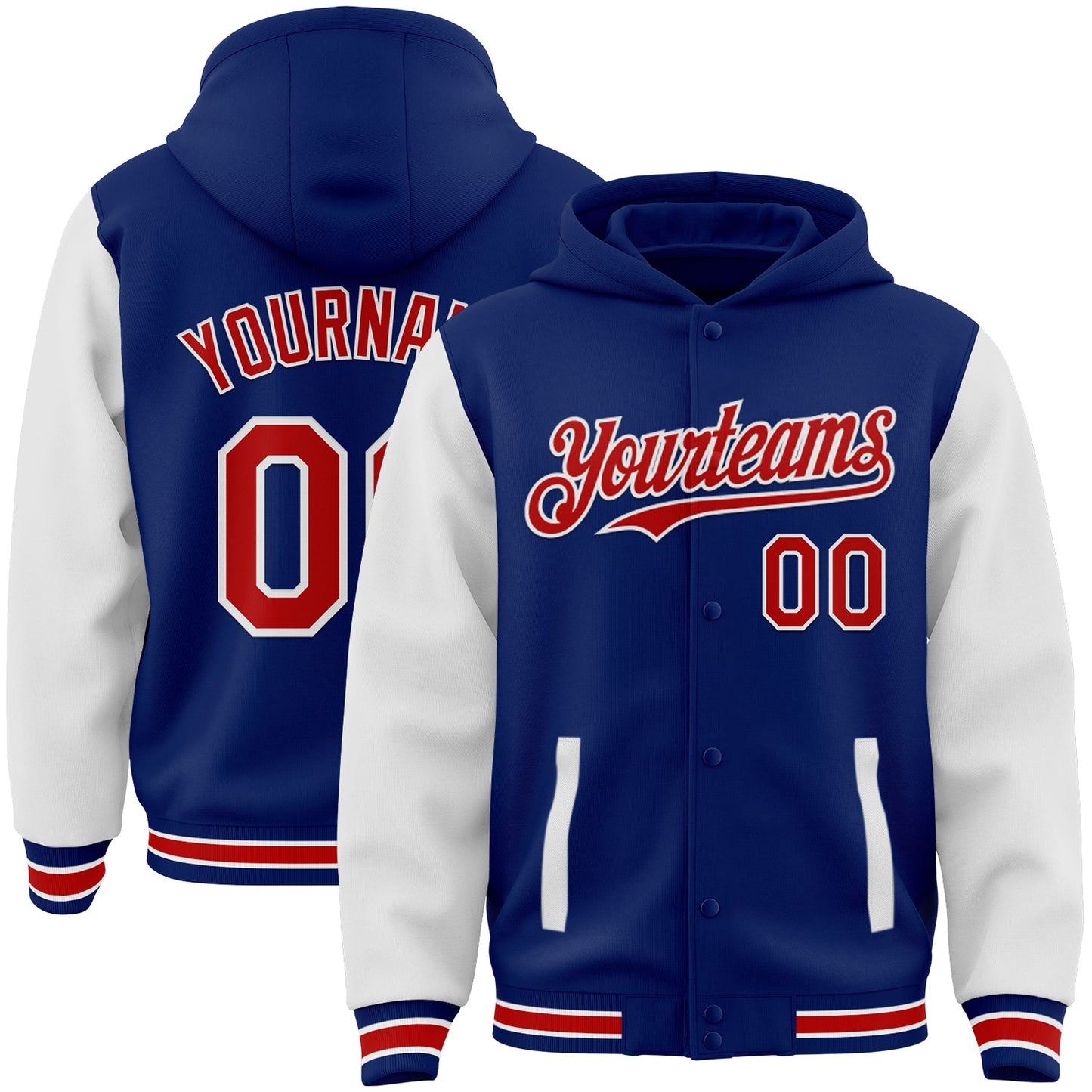 Custom Royal Red-White Bomber Full-Snap Varsity Letterman Two Tone Hoodie Jacket - Main View