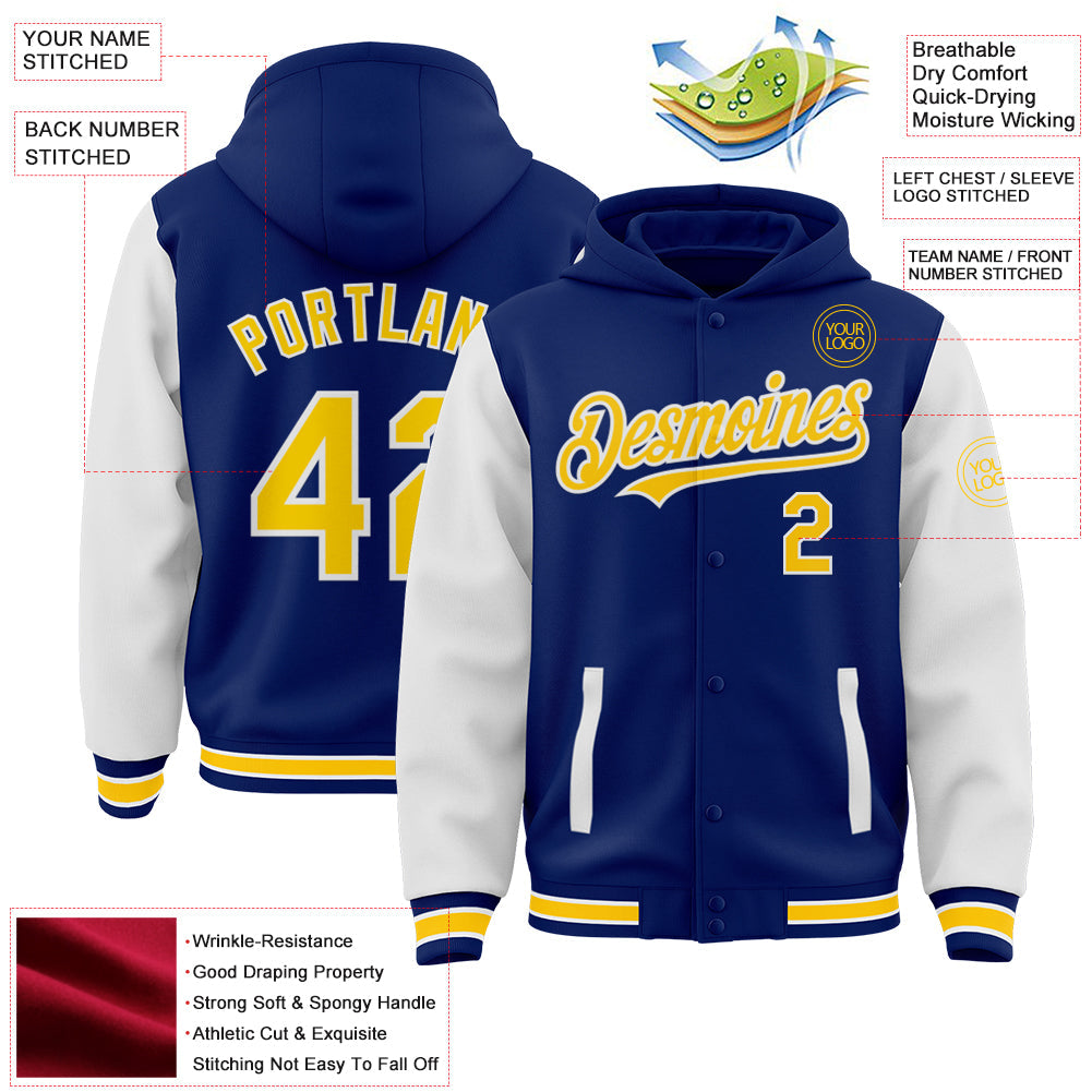 Custom Royal Yellow-White Bomber Full-Snap Varsity Letterman Two Tone Hoodie Jacket view 3