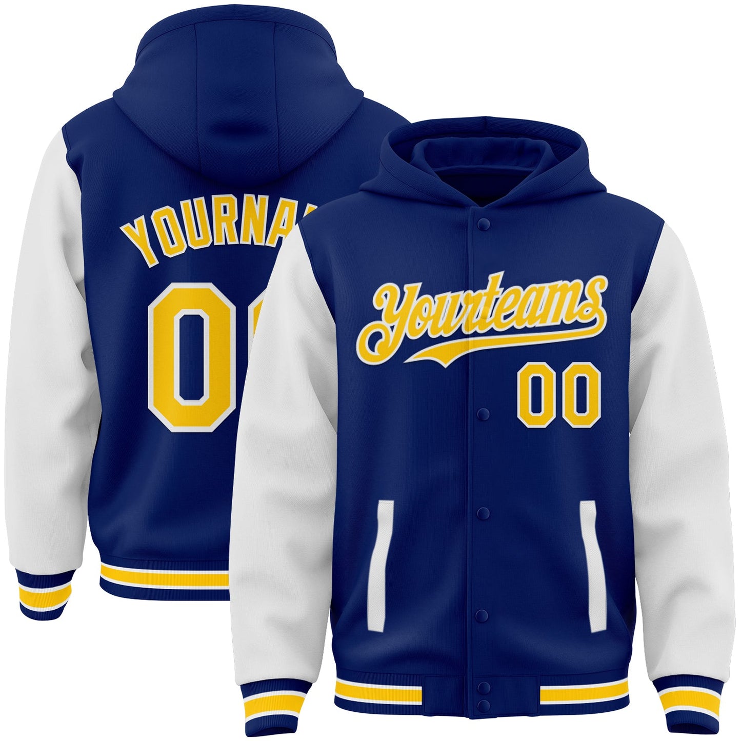 Custom Royal Yellow-White Bomber Full-Snap Varsity Letterman Two Tone Hoodie Jacket - Main View