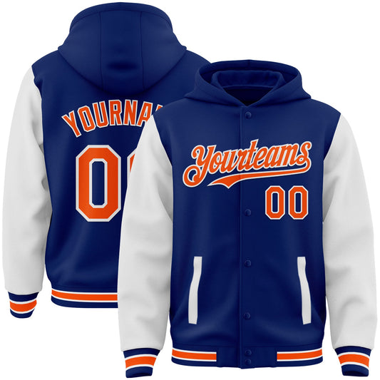 Custom Royal Orange-White Bomber Full-Snap Varsity Letterman Two Tone Hoodie Jacket - Main View