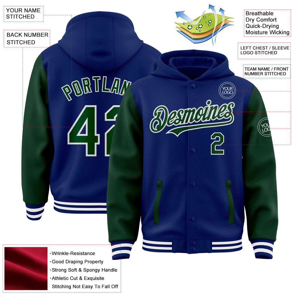 Custom Royal Green-White Bomber Full-Snap Varsity Letterman Two Tone Hoodie Jacket view 3