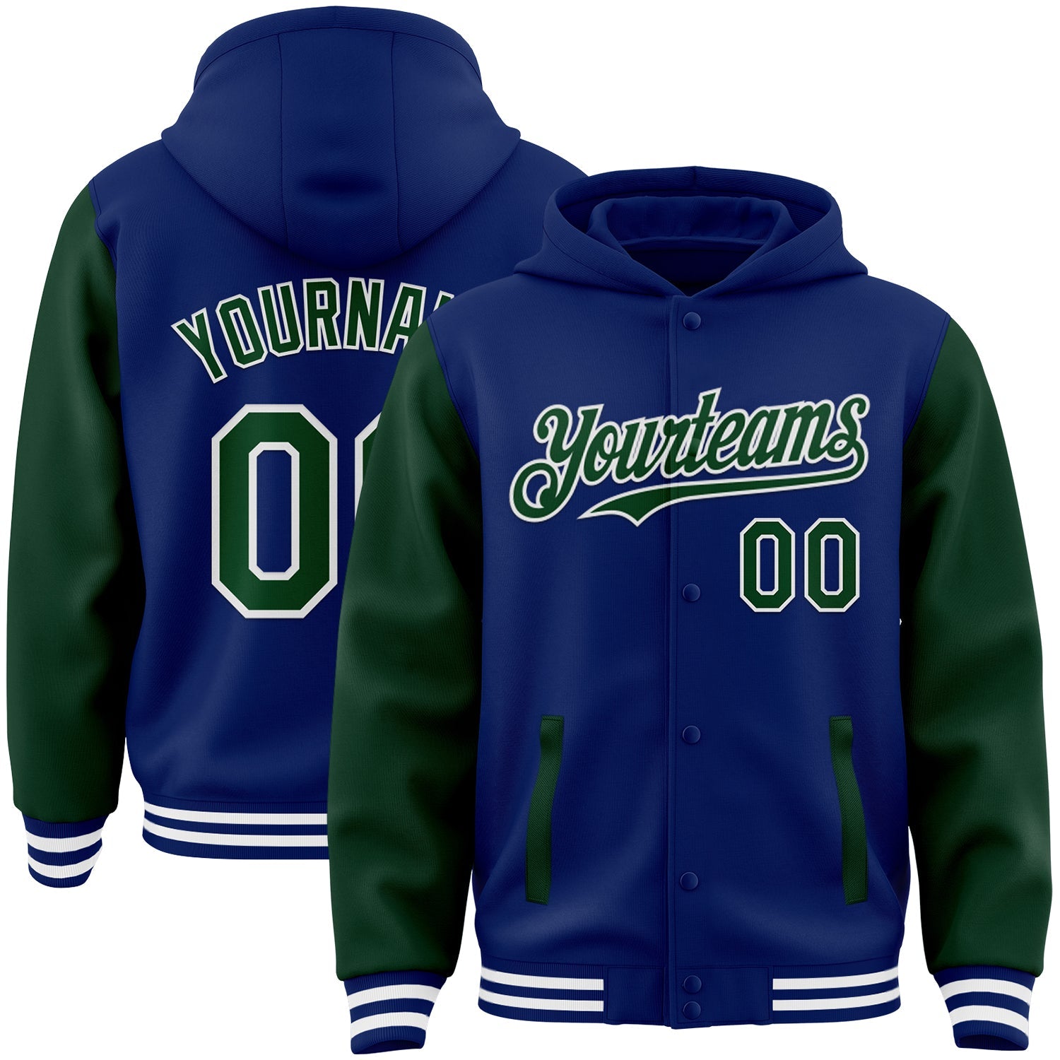 Custom Royal Green-White Bomber Full-Snap Varsity Letterman Two Tone Hoodie Jacket - Main View
