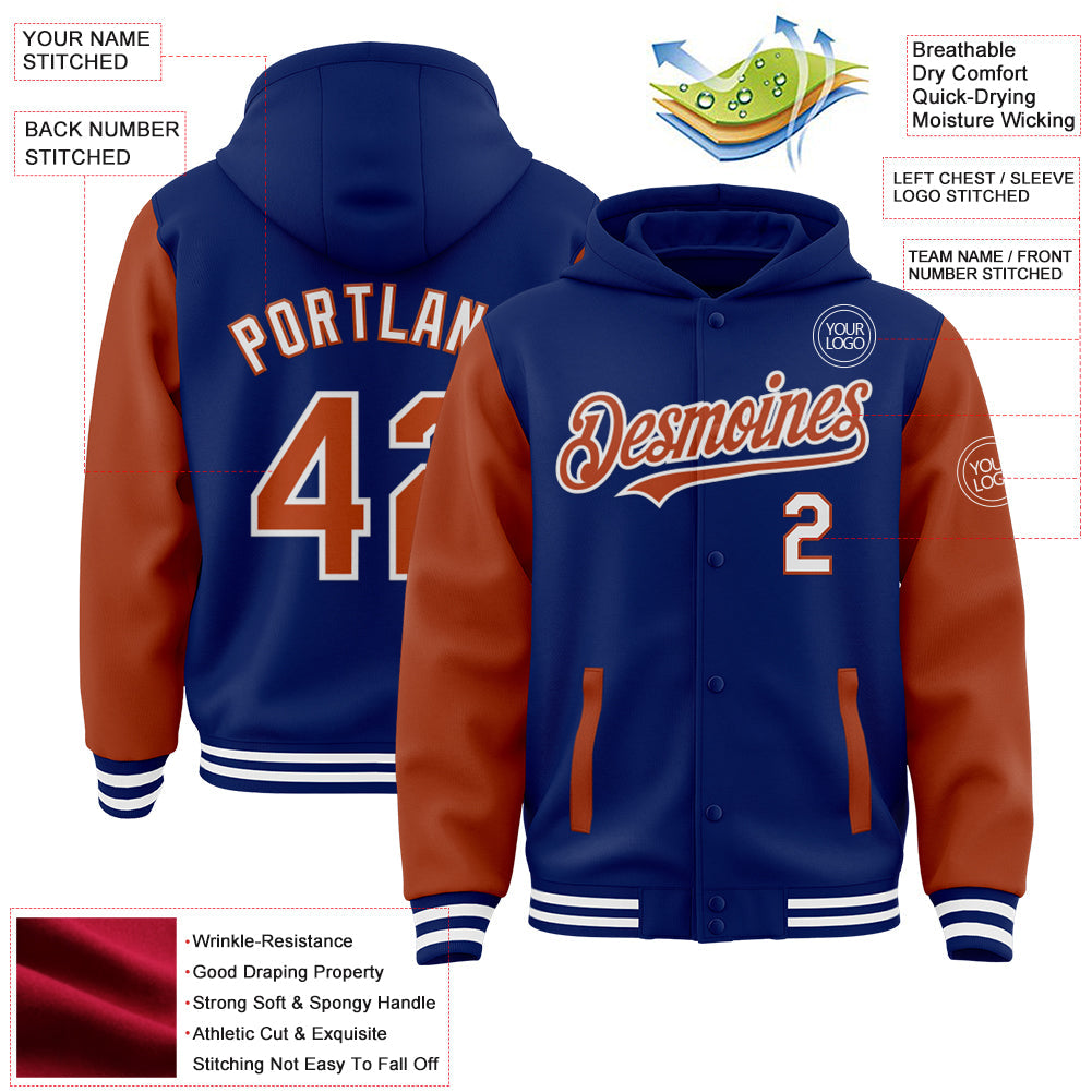 Custom Royal Texas Orange-White Bomber Full-Snap Varsity Letterman Two Tone Hoodie Jacket view 3