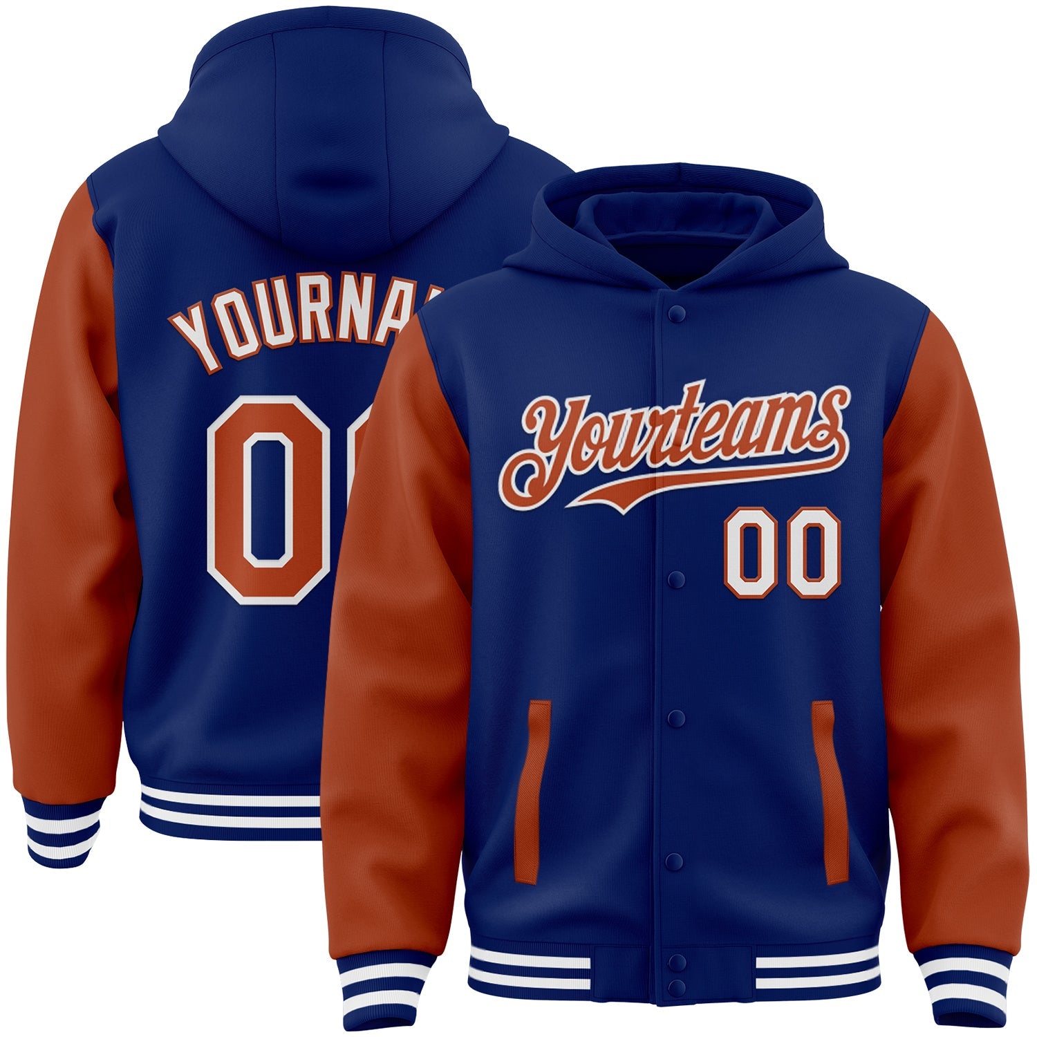 Custom Royal Texas Orange-White Bomber Full-Snap Varsity Letterman Two Tone Hoodie Jacket - Main View
